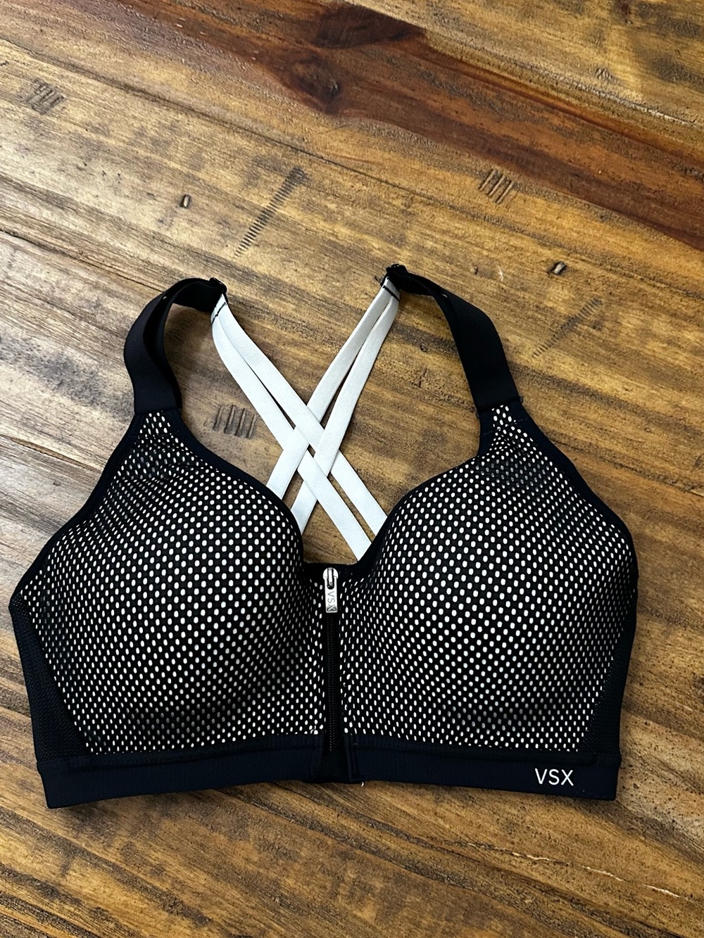 VSX Black & White Front-Zip Sports Bra with Crisscross Straps